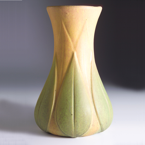 Appraisal: ROSEVILLE Early Velmoss corseted vase embossed with broad green leaves