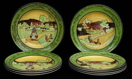 Appraisal: NINE ENGLISH TRANSFER-PRINTED PICTORIAL PLATES IN YE OLDE ENGLISH PATTERN