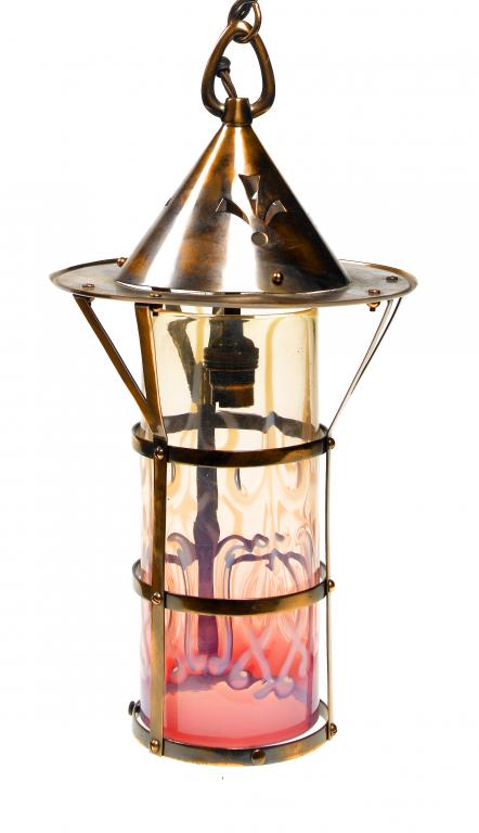 Appraisal: AN ARTS CRAFTS MOVEMENT OXIDISED COPPER LANTERN the cylindrical frame