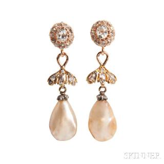 Appraisal: Antique Gold Baroque Pearl and Diamond Earrings each pearl drop