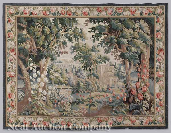 Appraisal: An Aubusson-Style Tapestry in muted greens blues and rose depicting