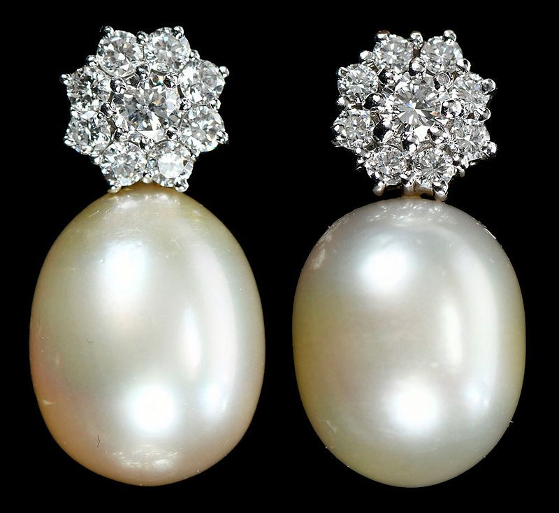 Appraisal: Platinum Diamond and Pearl Earrings each with nine round brilliant