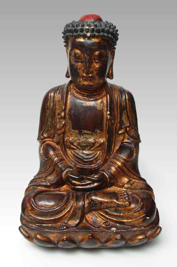 Appraisal: LARGE LACQUERED WOOD BUDDHA Japanese or possibly Korean Historical Buddha