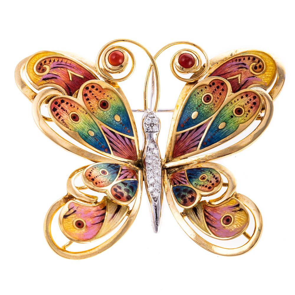 Appraisal: A Large Colorful Enamel Butterfly Pin in K K yellow