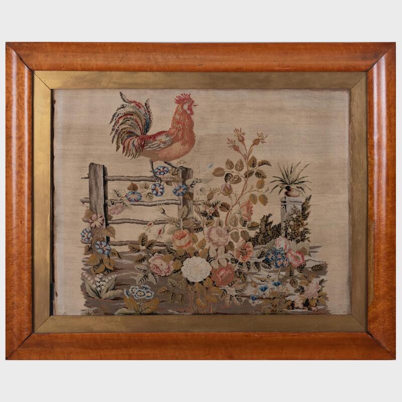 Appraisal: Needlework Picture of a Rooster in a Garden Probably English