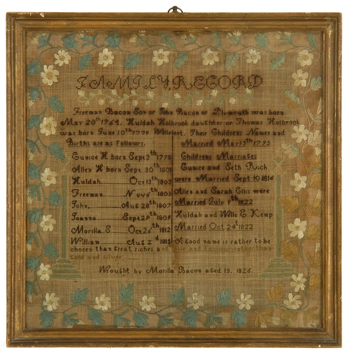 Appraisal: FRAMED NEEDLEWORK FAMILY RECORD Dated Listing the children of Freeman