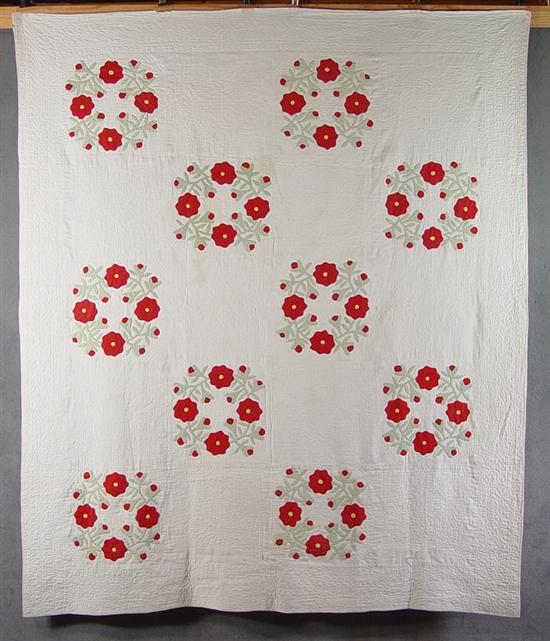 Appraisal: Cotton Appliqu d Quilt th Century Ohio rose type pattern