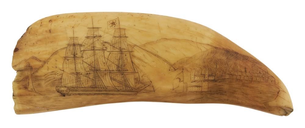 Appraisal: SCRIMSHAW WHALE'S TOOTH WITH FOREIGN IMAGES MID- TH CENTURY LENGTH