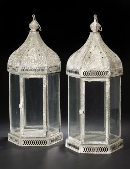 Appraisal: Tall Pair of English Hexagonal Pierced Glazed and Antique-White-Painted Galvanized