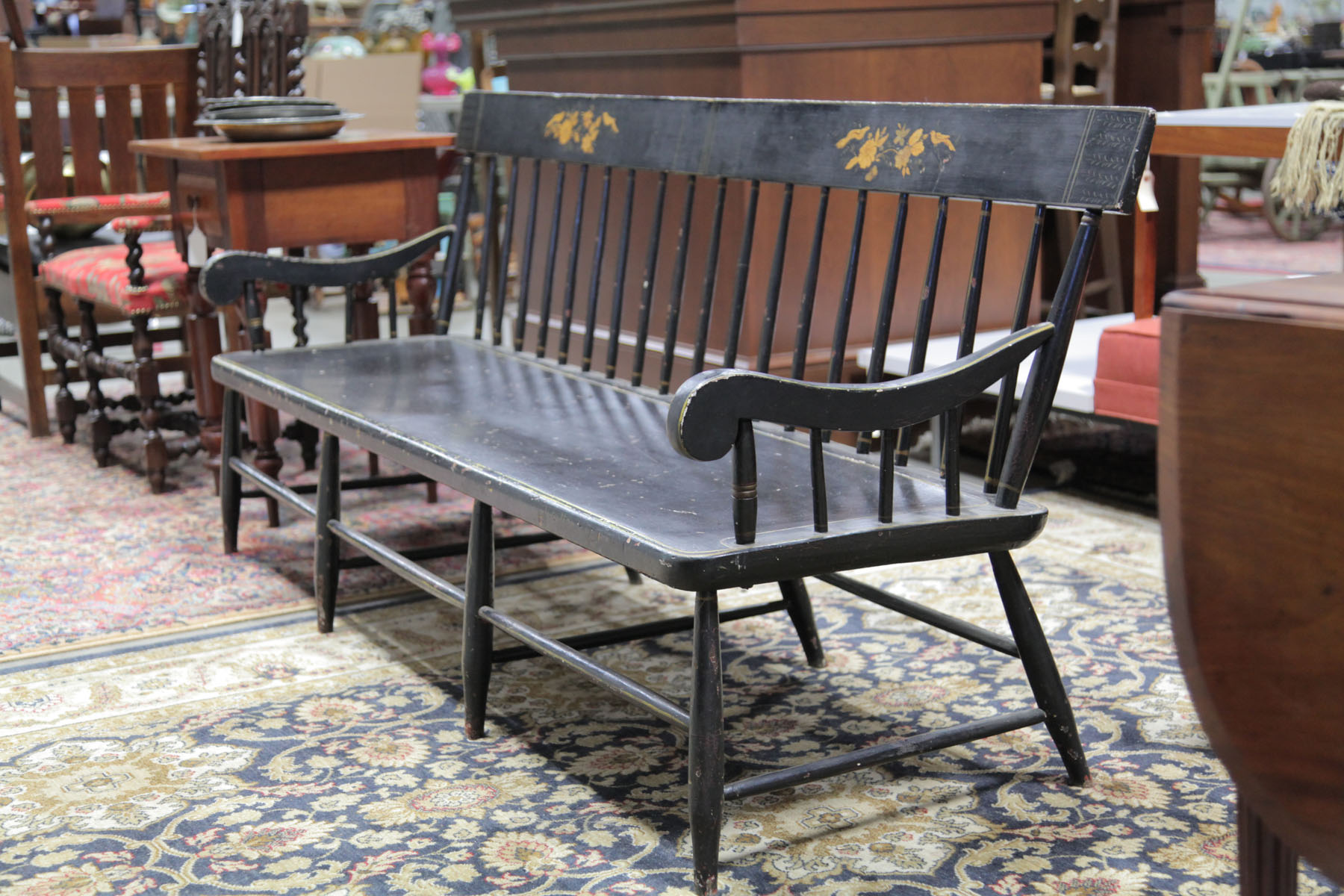 Appraisal: SETTLE BENCH Posiibly Pennsylvania mid th century Black painted spindle