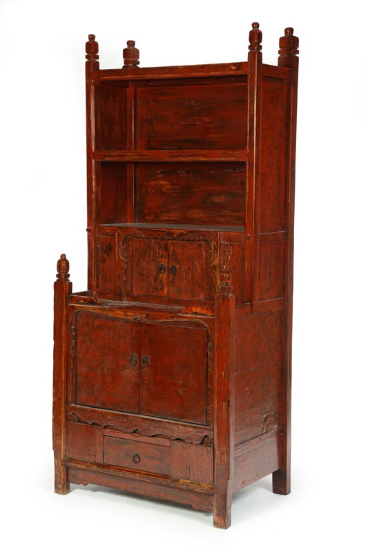 Appraisal: STEPBACK CUPBOARD Mongolia th century elm Open shelves over two