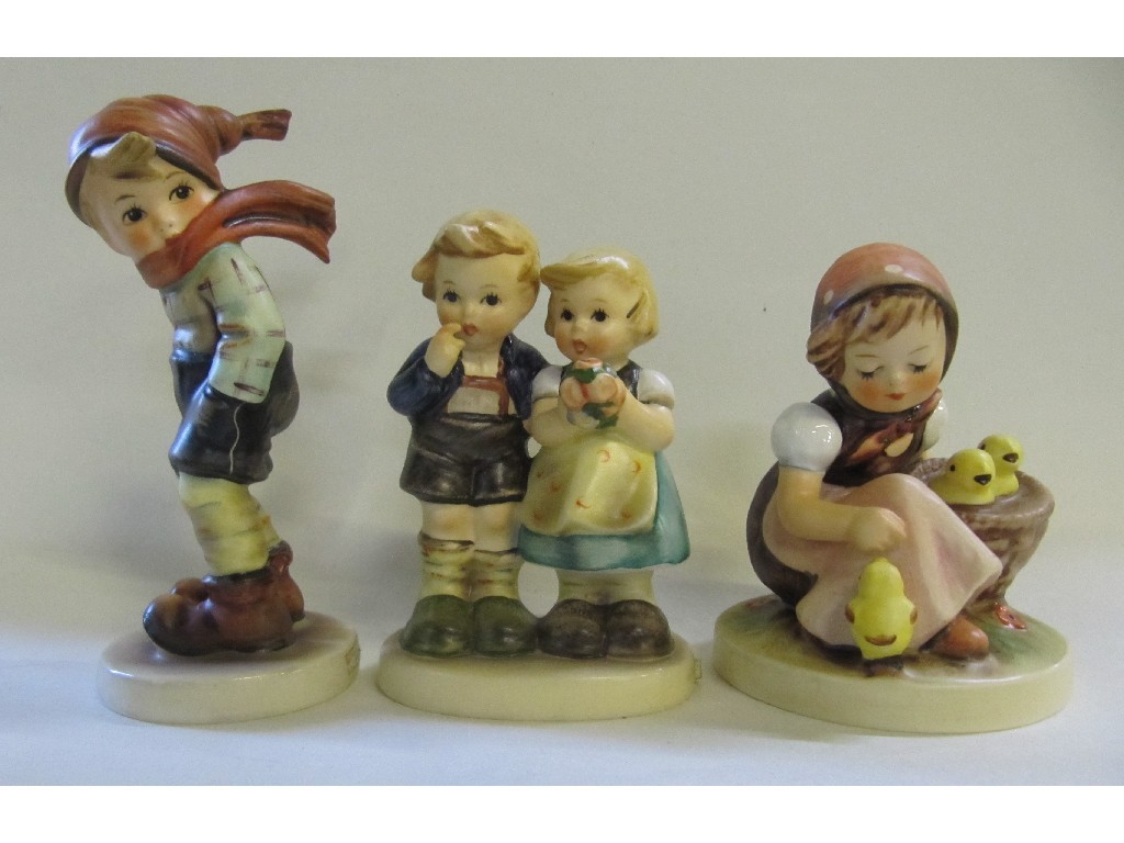 Appraisal: Three Hummel figures 'We Congratulate' 'March Winds' and 'Chick Girl'