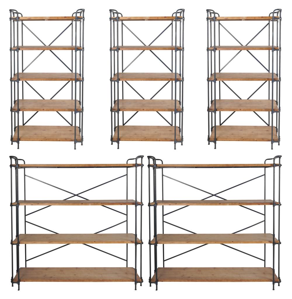 Appraisal: FIVE INDUSTRIAL STYLE METAL WOOD BOOKSHELVESmanufacturer unknown Provenance The Estate