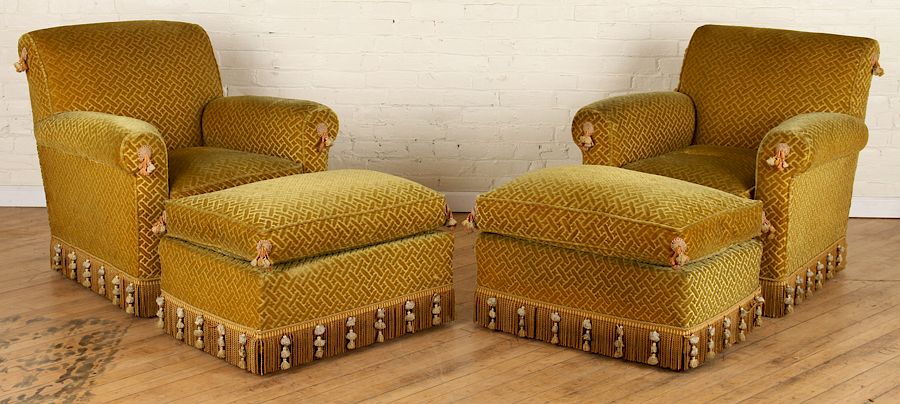 Appraisal: PAIR FRENCH CLUB CHAIRS AND MATCHING STOOLS C A pair