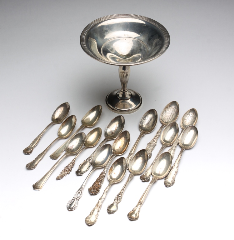 Appraisal: STERLING SOUVENIR SPOONS PEDESTAL DISH Nineteenth and th centuries Sixteen