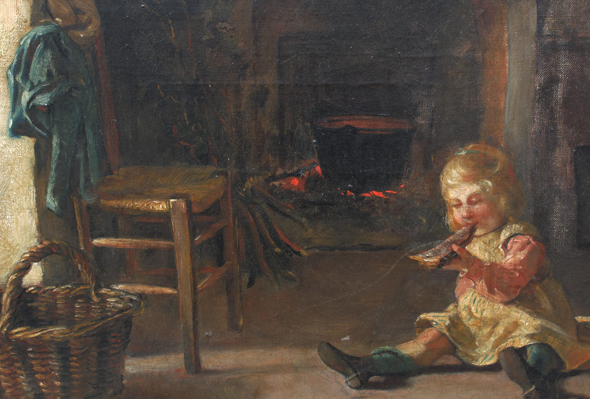 Appraisal: TH CENTURY INTERIOR GENRE PAINTING Young child is enjoying a