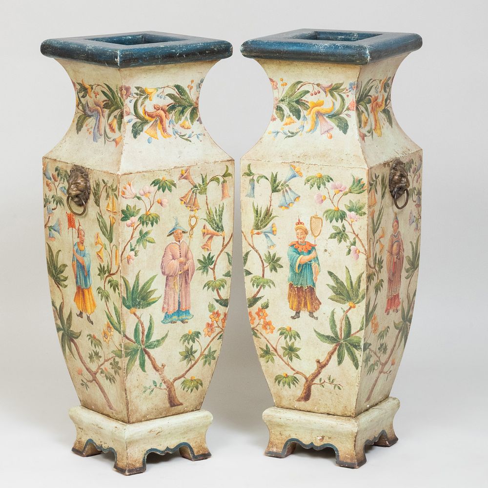 Appraisal: Large Pair of Continental Bronze-Mounted Painted Wood Chinoiserie Decorated Vases