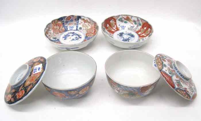 Appraisal: FOUR JAPANESE IMARI PORCELAINS two '' diameter bowls with reserves