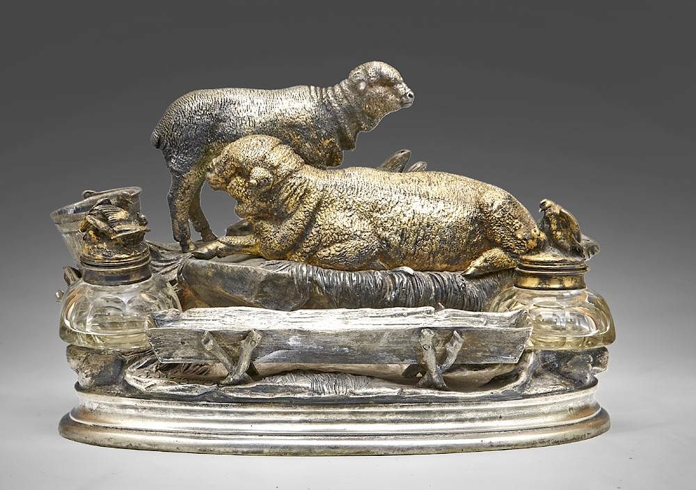 Appraisal: Jules Moigniez French - bronze double inkwell Jules Moigniez French