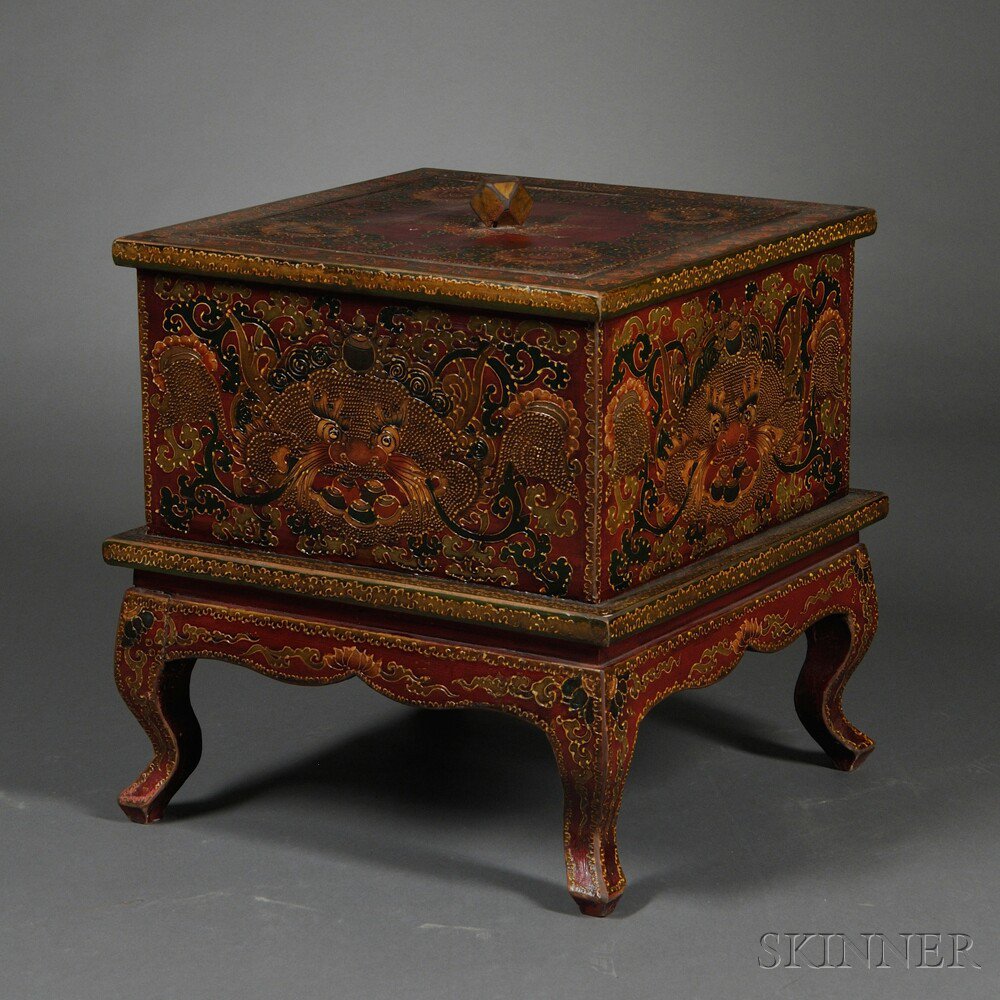 Appraisal: Tibetan-style Covered Wood Container China square supported by four cabriole