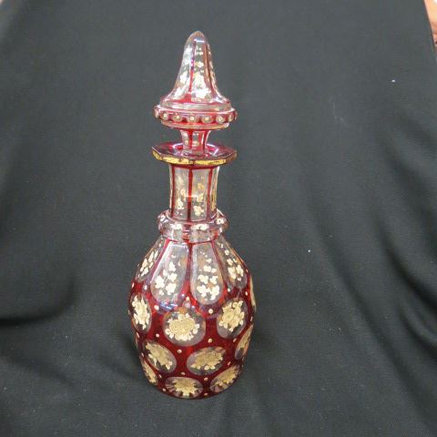 Appraisal: Bohemian Art Glass Decanter ruby cut-to-clear with enamel flowers th