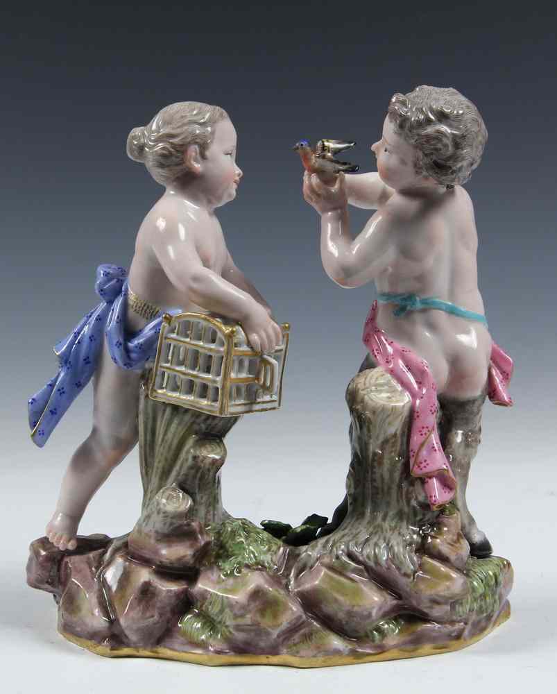 Appraisal: MEISSEN FIGURINE - Infant Satyr Putti Holding Bird and Cage