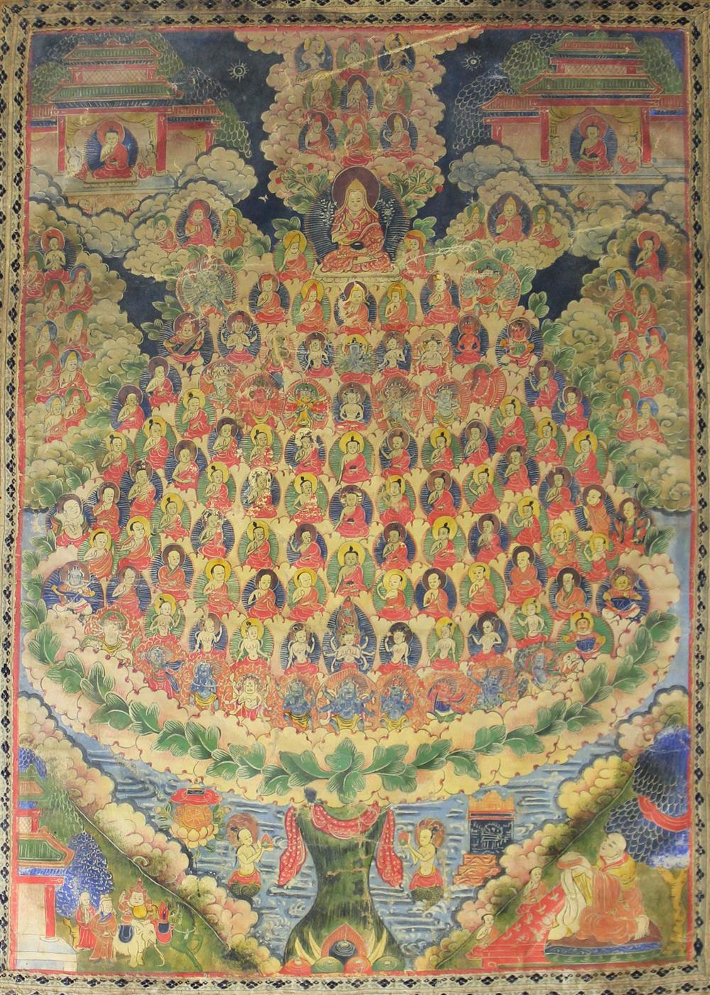 Appraisal: SINO-TIBETAN THANGKA BUDDHA AND MYRIAD OF DISCIPLES painted on thin