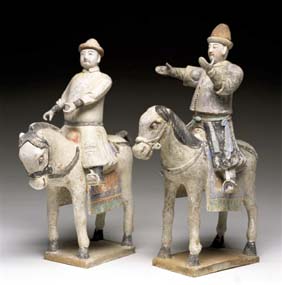 Appraisal: PAIR MING POTTERY EQUESTRIANS Pair Chinese Ming Dynasty painted pottery