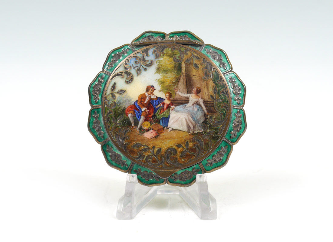 Appraisal: AUSTRIAN SILVER GUILLOCHE ENAMEL COMPACT Case with green guilloche enamel