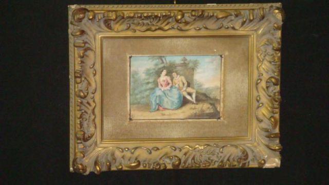 Appraisal: Possibly th Cent Watercolor of Courting Couple in Ornate Gilt