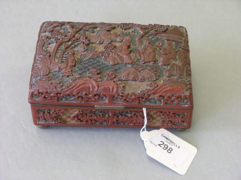 Appraisal: A late th century Chinese cinnebar lacquer casket carved with