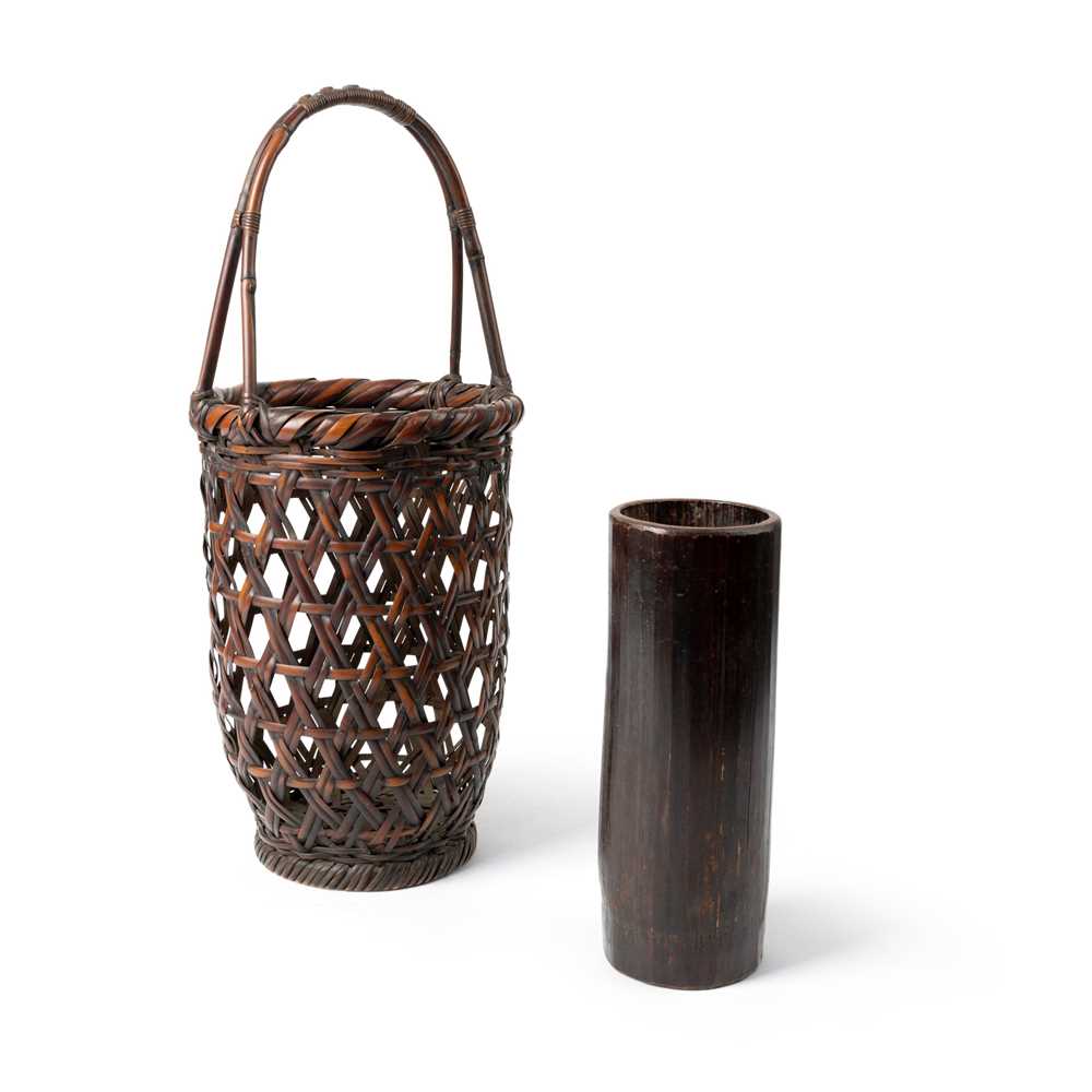 Appraisal: MAEDA CHIKUBOSAI I - TALL HANDLED BAMBOO FLOWER BASKET SHOWA