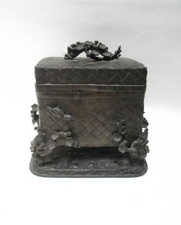 Appraisal: JAPANESE BRONZE BOX woven basket form with cherry blossom handle