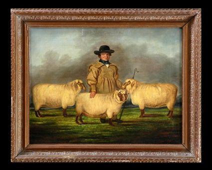 Appraisal: CONTINENTAL SCHOOL SHEPHERD AND THREE SHEEP Oil on canvas relined