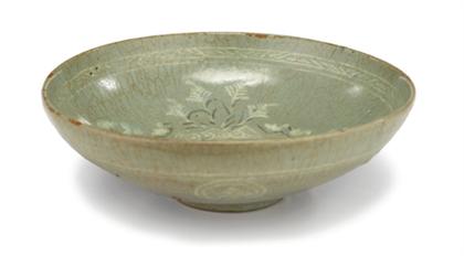 Appraisal: Korean celadon footed bowl Koryo dynasty With inlaid white-slip floral