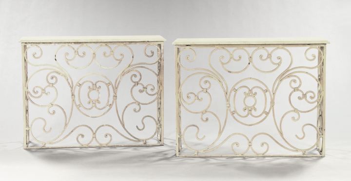 Appraisal: Pair of Moorish-Style Polychromed Wrought-Iron and Marble-Top Console Tables each