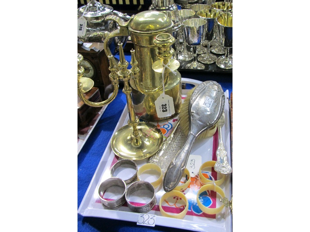 Appraisal: Tray lot - brass tappit hen candleholder silver brush silver