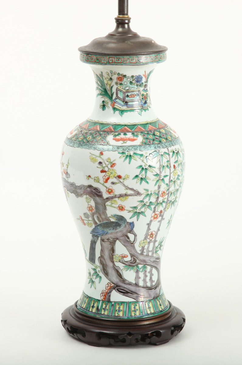 Appraisal: CHINESE FAMILLE VERTE STYLE PORCELAIN BALUSTER-FORM VASE MOUNTED AS A