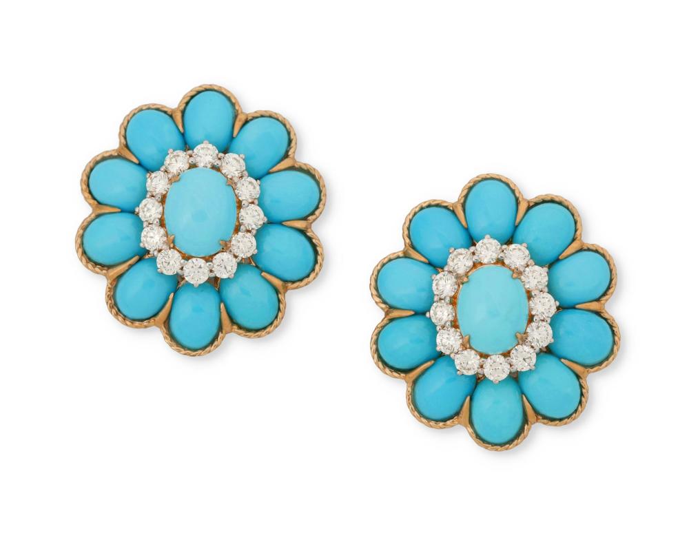 Appraisal: A PAIR OF TURQUOISE AND DIAMOND EAR CLIPSA pair of