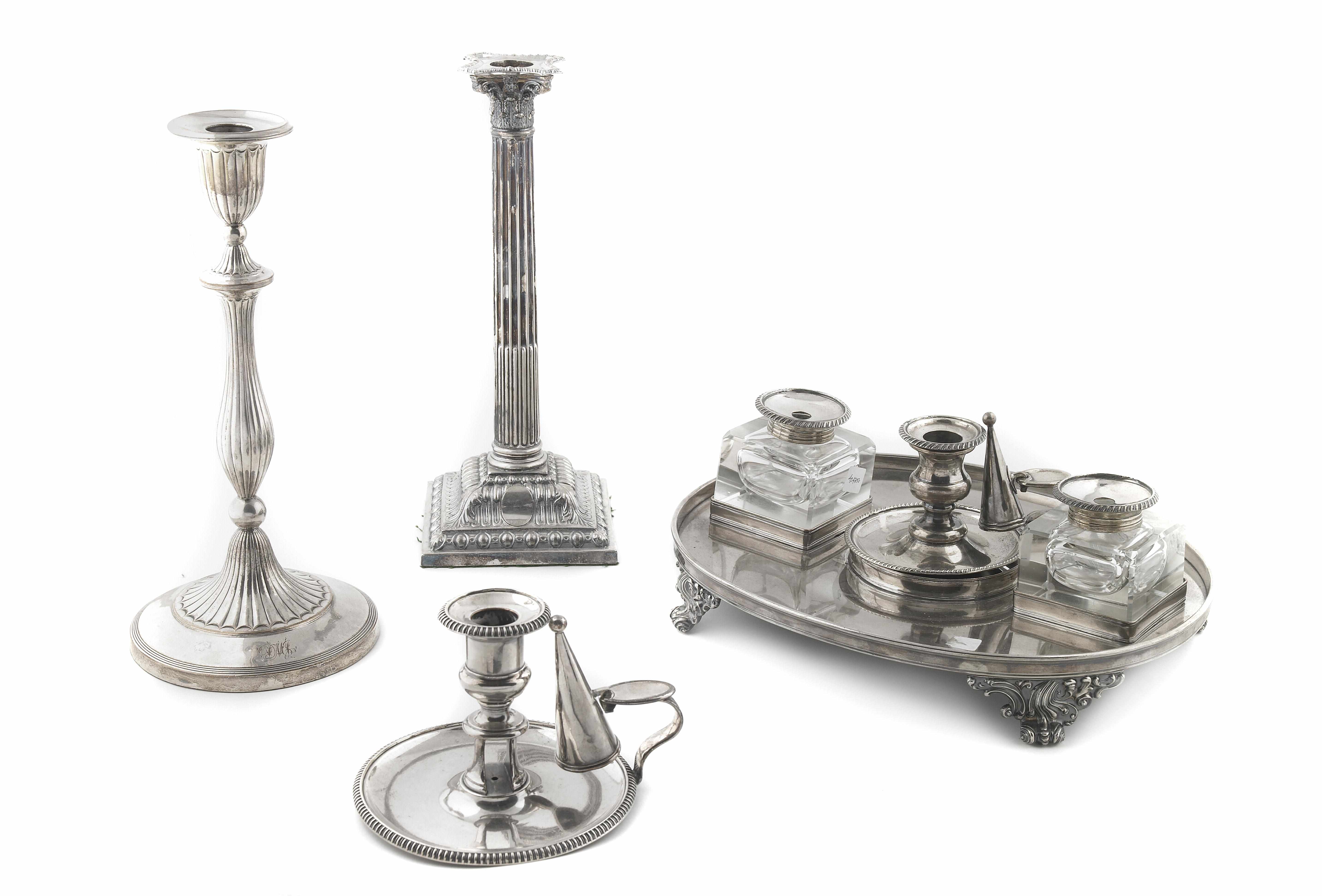 Appraisal: A group of Old Sheffield plate lighting and table articles