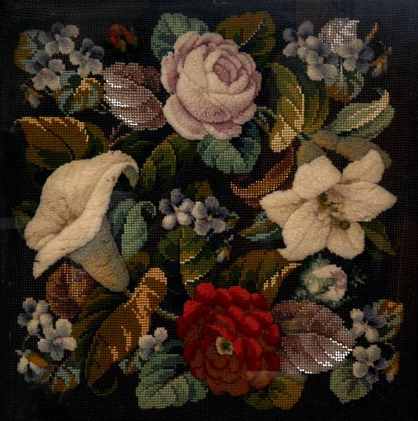 Appraisal: A needlepoint and beadwork panel depicting roses and lillies framed