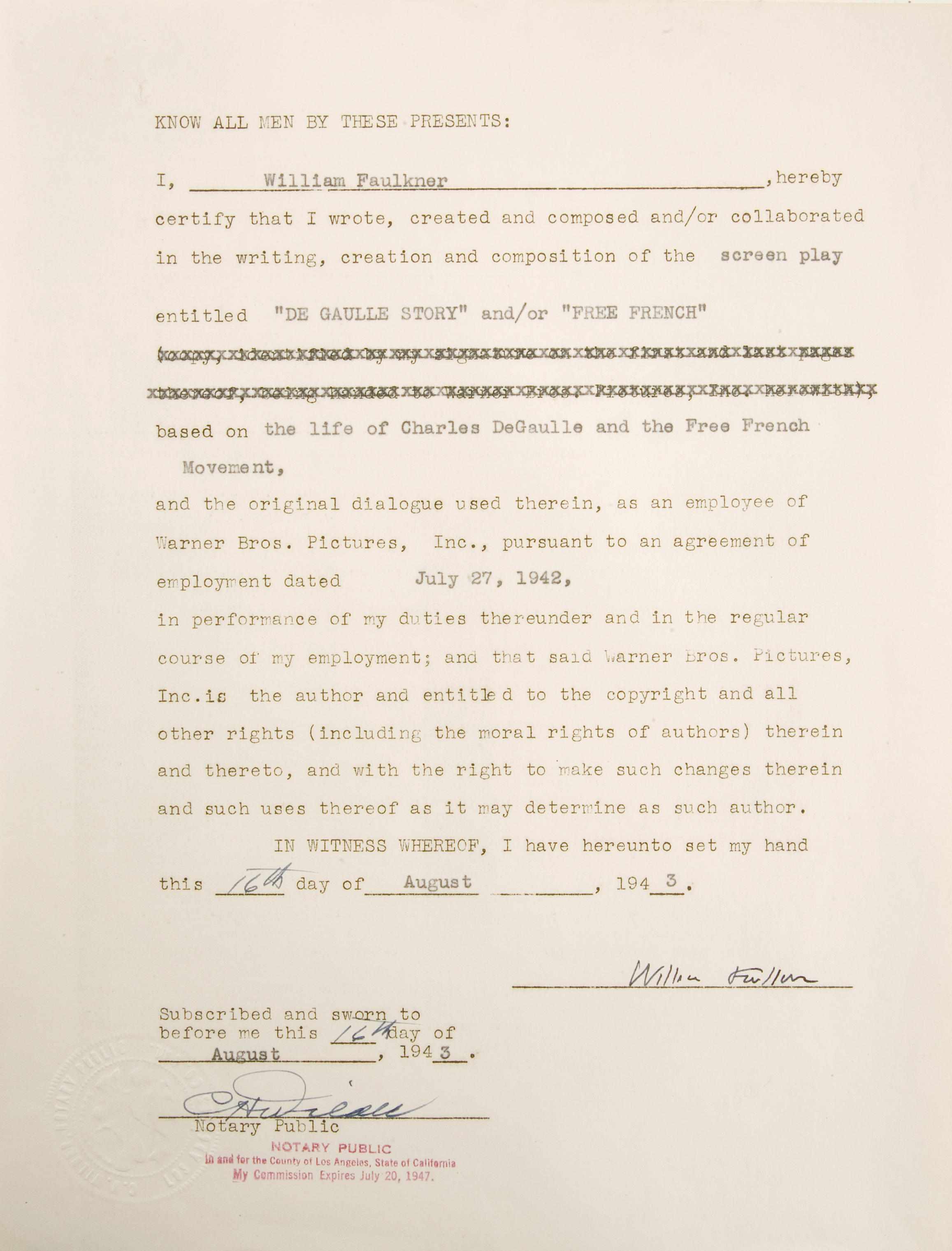 Appraisal: FAULKNER WILLIAM - Typed Document Signed ''William Faulkner'' p to