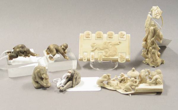 Appraisal: A group of ivory carvings of monkey Comprising four individual