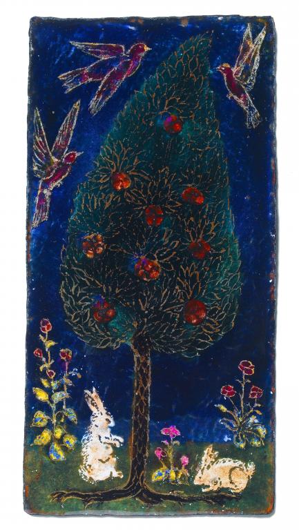 Appraisal: A PAINTED ENAMEL PLAQUE OF RABBITS BENEATH A GOLDEN-BERRIED TREE