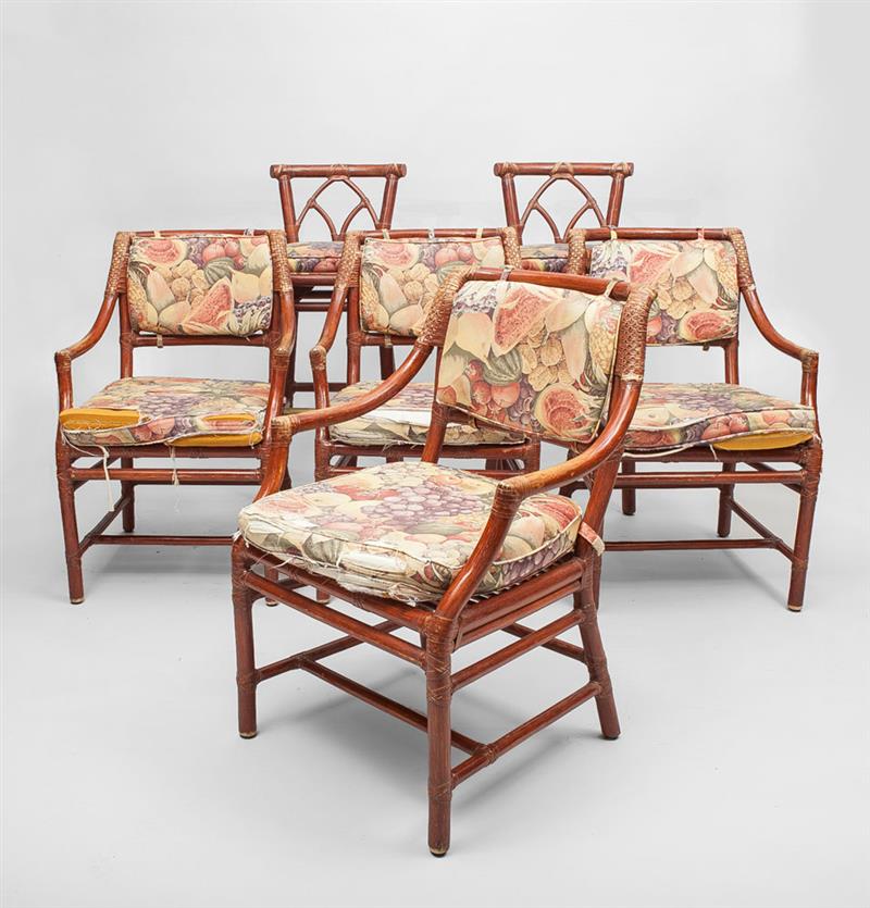 Appraisal: Set of Six Red Stained Bamboo Chairs Comprising four armchairs