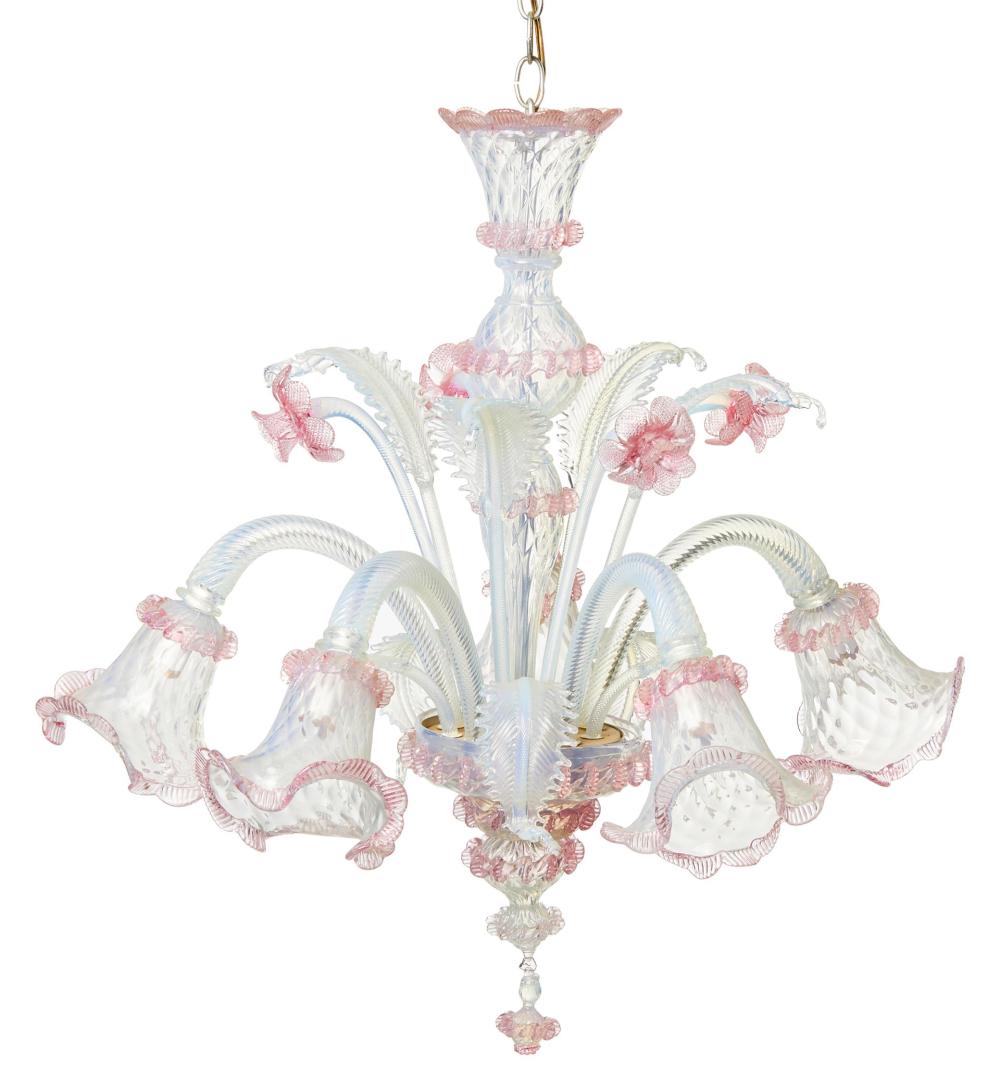 Appraisal: A Venetian glass chandelier Mid- th Century The five-light chandelier