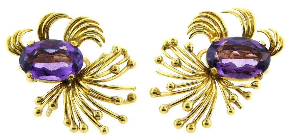 Appraisal: JEWELRY Stamped K yellow gold Amethyst earrings with spray design