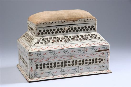 Appraisal: RUSSIAN ARKHANGELSK CARVED AND PAINTED BONE SEWING BOX First quarter