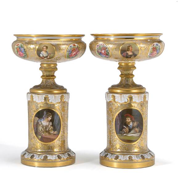 Appraisal: A pair of Bohemian overlay glass pedestal comports mid th