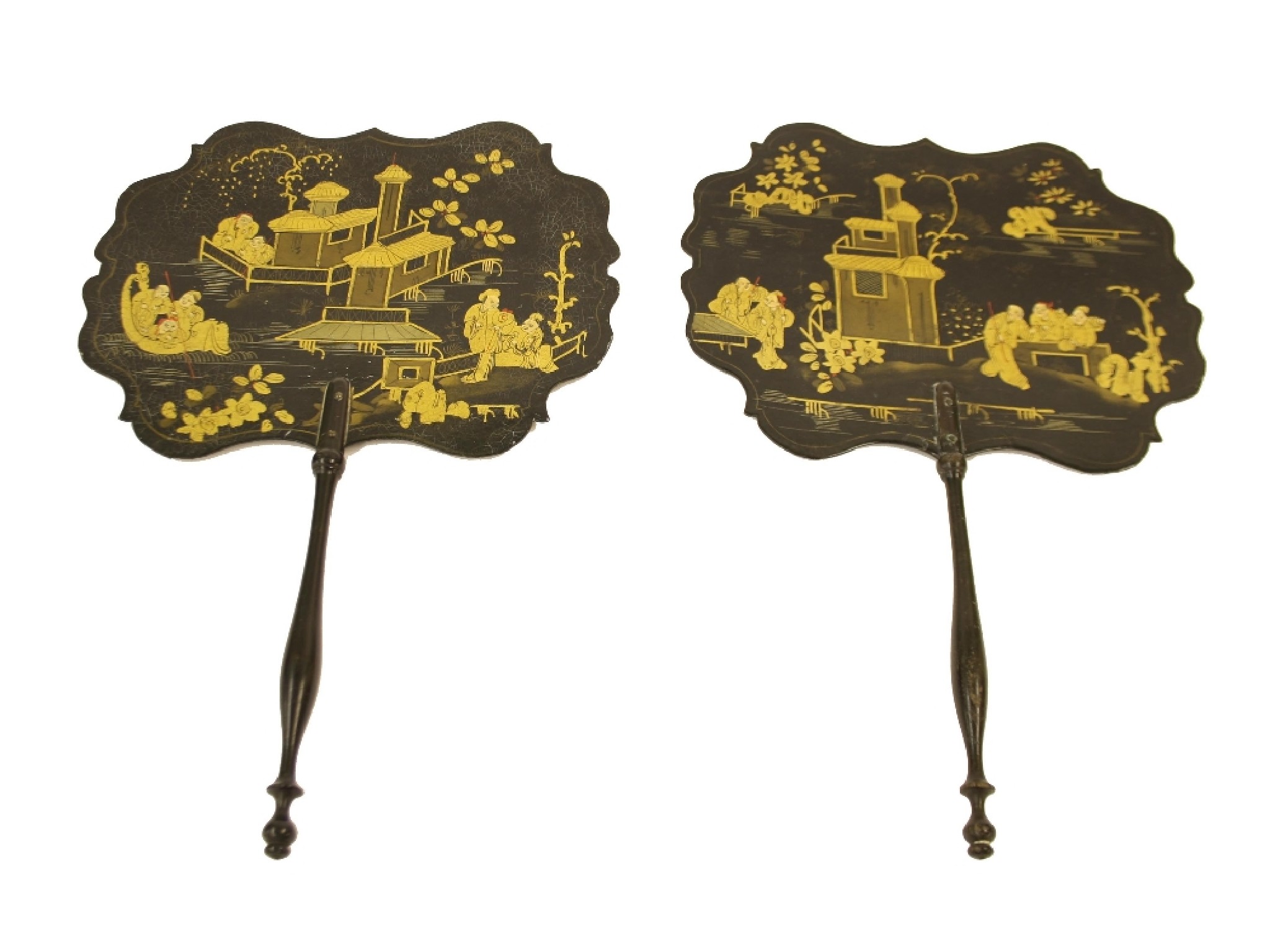 Appraisal: Pair of th century chinoiserie black lacquer face screens each